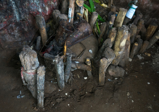 Benin, West Africa, Bopa, wood sticks used to ask favors to the spirits in a voodoo shrine