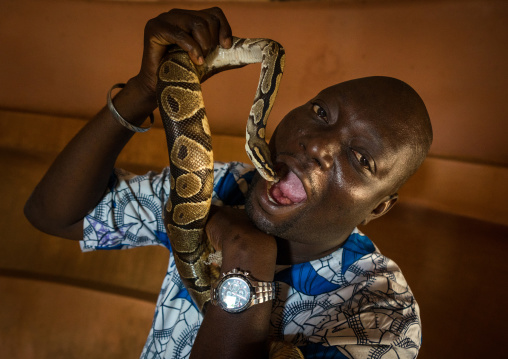 Benin, West Africa, Ouidah, man putting a snake in his mouth inside the python temple