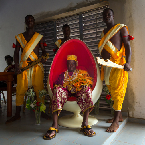 Benin, West Africa, Savalou, gbaguidi ahotondji sèvègni king of savalou sit in an egg chair