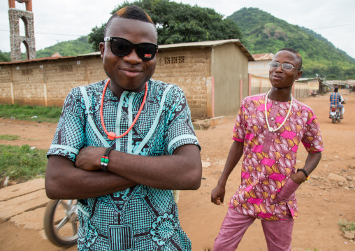 Benin, West Africa, Savalou, young fashionable men in the street