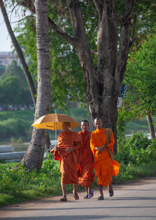 Cambodian monk walking in the street with umbrella, Battambang province, Battambang, Cambodia