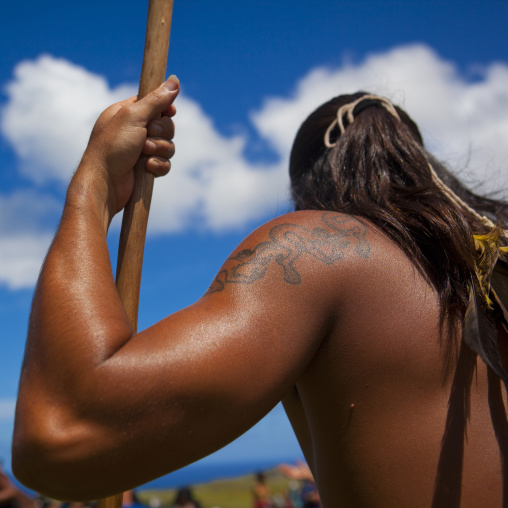 Back Of A Native Man During Spear Competition, Tapati Festival, Easter Island, Chile