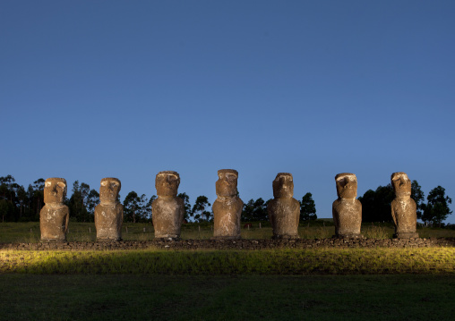 Illuminated Moais In Ahu Akivi, Easter Island, Chile