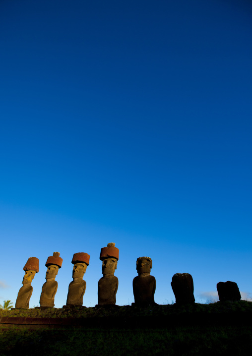 Moais In Ahu Nau Nau At Anakena Beach, Easter Island, Chile