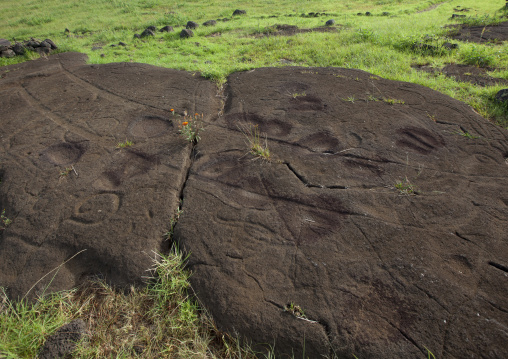 Canoe Petroglyph In Paka Vaka Rock Art Site, Easter Island, Chile