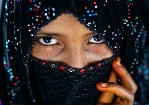 Portrait of a veiled Rashaida tribe girl, Northern Red Sea, Massawa, Eritrea