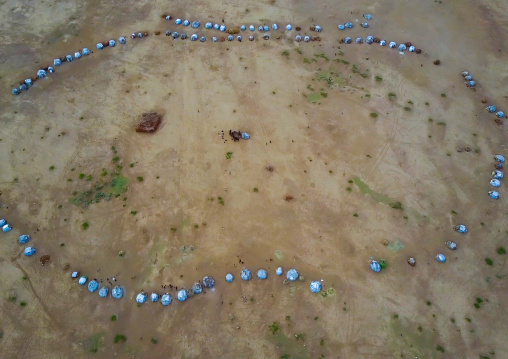 Aerial view of the village built for the dimi ceremony in the Dassanech tribe to celebrate circumcision of teenagers, Omo Valley, Omorate, Ethiopia