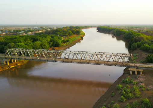 Aerial view of the metal bridge over Omo river, Omo Valley, Omorate, Ethiopia