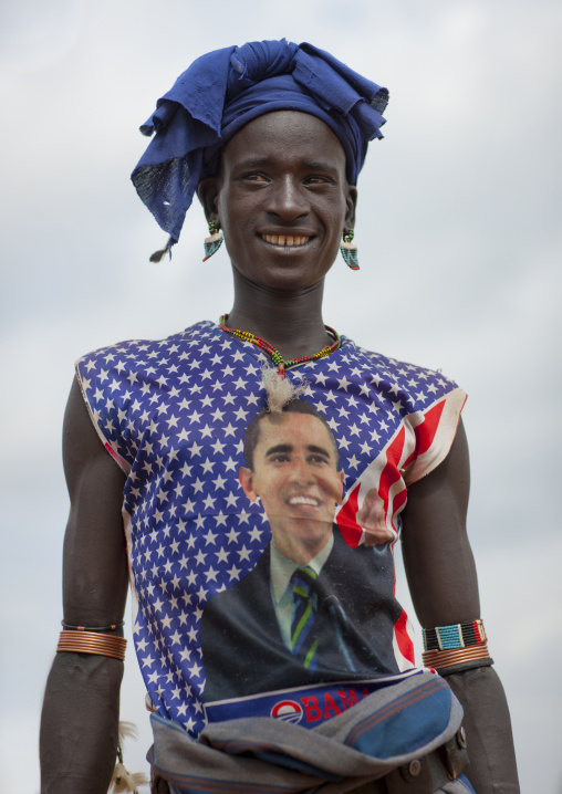 Banna Man Wearing Obama Campaign Homemade T Shirt Cute Young Woman With Western Clothing And Beaded Jewels Omo Valley Ethiopia