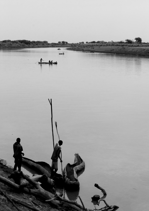 Pirogue getting started from the bank omo valley Ethiopia