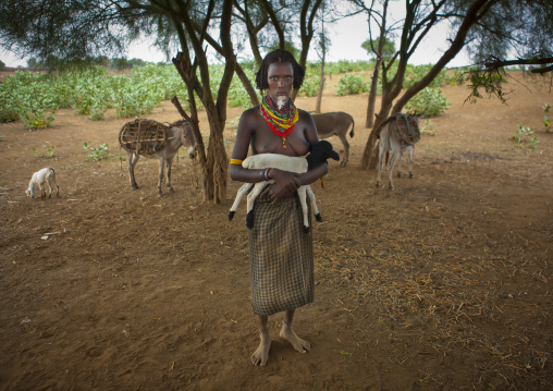 Beautiful Naked Breasts Dassanech Woman With Beaded Necklaces And Black And White Baby Goats In Arms Omorate Ethiopia