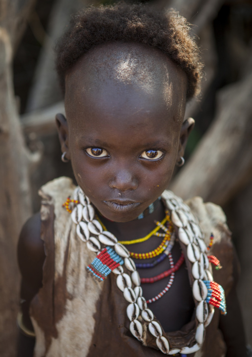 Litte Hamer Girl Tribe With Head Half Shaved In Traditional Outfit, Turmi, Omo Valley, Ethiopia