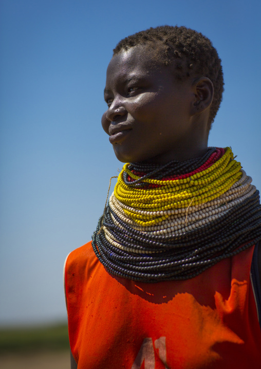 Portrait Of A Nyangatom Tribe Woman With Huge And Colourful Necklaces, Omo Valley, Kangate, Ethiopia