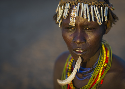 Dassanech Tribe Woman With A Feather In The Chin, Omorate, Omo Valley, Ethiopia