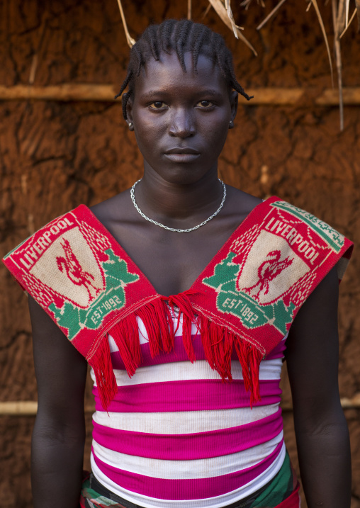Majang Tribe Woman With A Liverpool Football Club Scarf, Kobown, Ethiopia