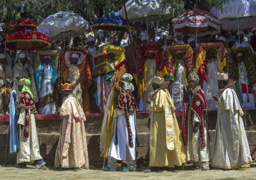 Priests Carrying Some Covered Tabots On Their Heads During Timkat Epiphany Festival, Lalibela, Ethiopia