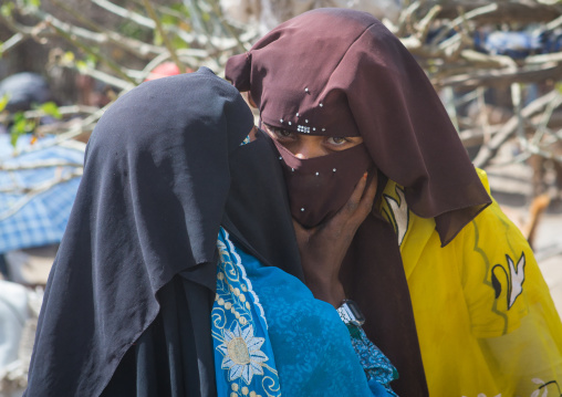Women in burqa on a market kissing each other, Oromo, Sambate, Ethiopia
