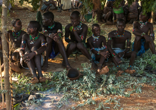 Hamer tribe whippers during a bull jumping ceremony, Omo valley, Turmi, Ethiopia