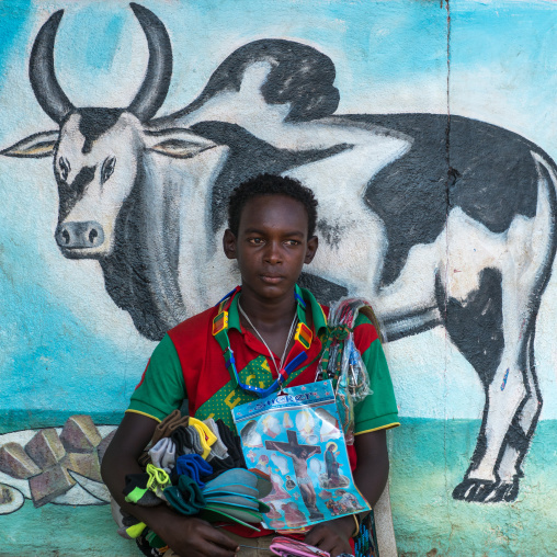 Ethiopian teenage boy in front of a mural decpicting a zebu, Omo valley, Jinka, Ethiopia