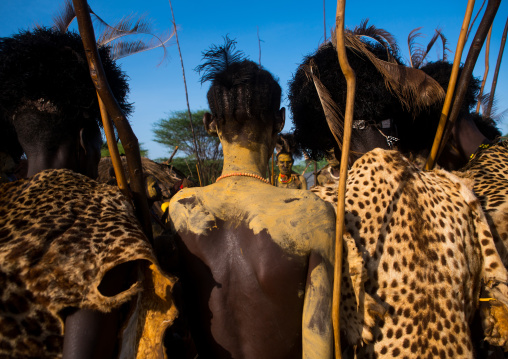 Dassanech men with leopard skins and ostrich feathers headwears during dimi ceremony to celebrate circumcision of teenagers, Omo valley, Omorate, Ethiopia