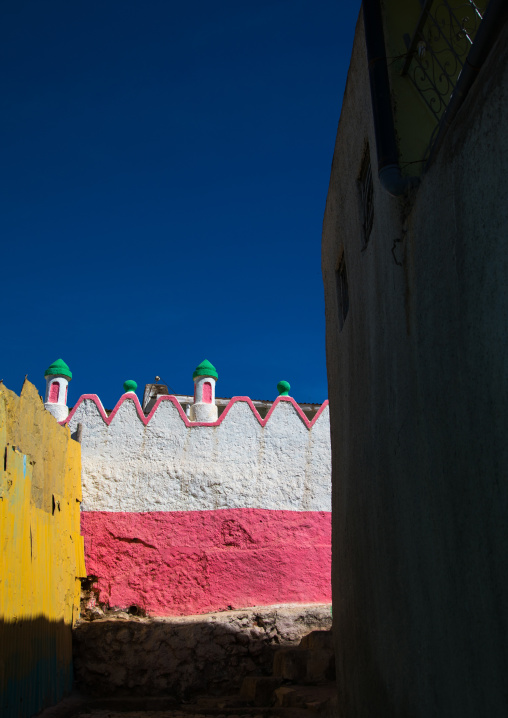 Multi colored mosque in the old area of Jugol, Harari Region, Harar, Ethiopia