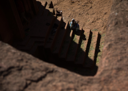 Stairs of the monolithic rock-cut church of st. George seen from above, Amhara region, Lalibela, Ethiopia