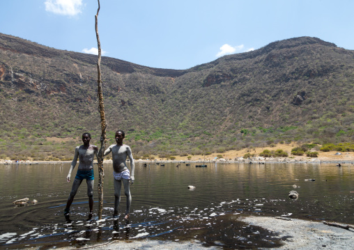 Volcano crater where Borana tribe men dive to collect salt, Oromia, El Sod, Ethiopia