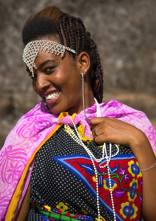 Portrait of a smiling Borana tribe woman during the Gada system ceremony in Borana tribe, Oromia, Yabelo, Ethiopia
