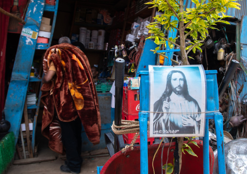 Jesus poster in the metal market, Harari region, Harar, Ethiopia