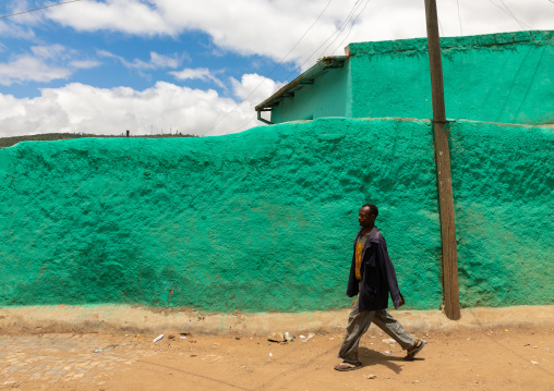 Ethiopian man passing along a green wall in the old city, Harari region, Harar, Ethiopia