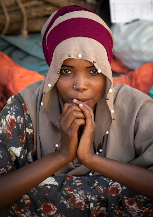 Cute veiled ethiopian girl in the market, Harari region, Harar, Ethiopia