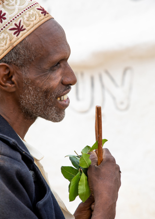 Oromo man with a forked stick in Sheikh Hussein shrine, Oromia, Sheik Hussein, Ethiopia