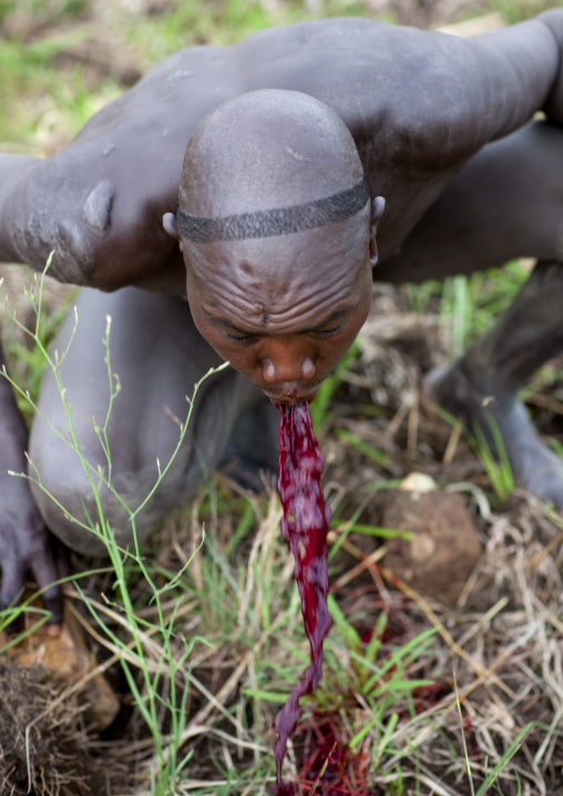 Suri Man Vomiting His Blood Meal, Turgit Village, Omo Valley, Ethiopia