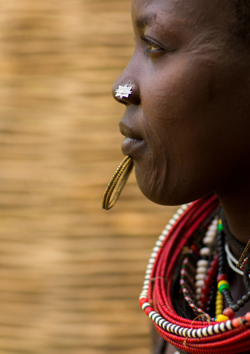 Portrait of a sudanese Toposa tribe woman refugee with huge necklaces and nose decoration, Omo Valley, Kangate, Ethiopia
