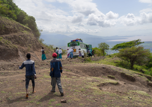 Ethiopian people taking a local bus on the road to Arba Minch, Gamo Gofa Zone, Ganta, Ethiopia