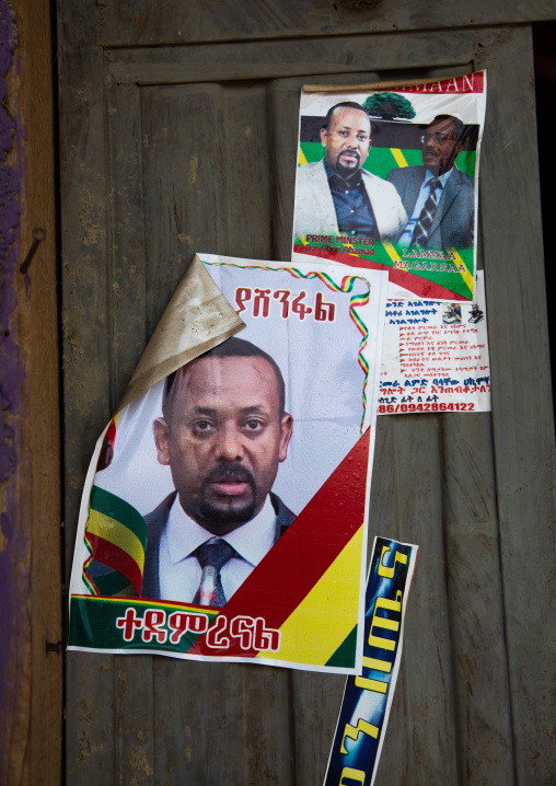 Poster on a house with the picture of ethiopian prime minister abiy ahmed, Afar region, Semera, Ethiopia