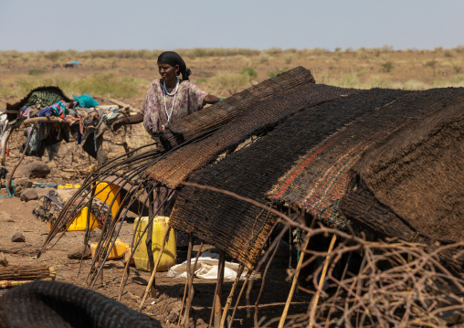 Issa woman making tent in a camp, Afar Region, Gewane, Ethiopia