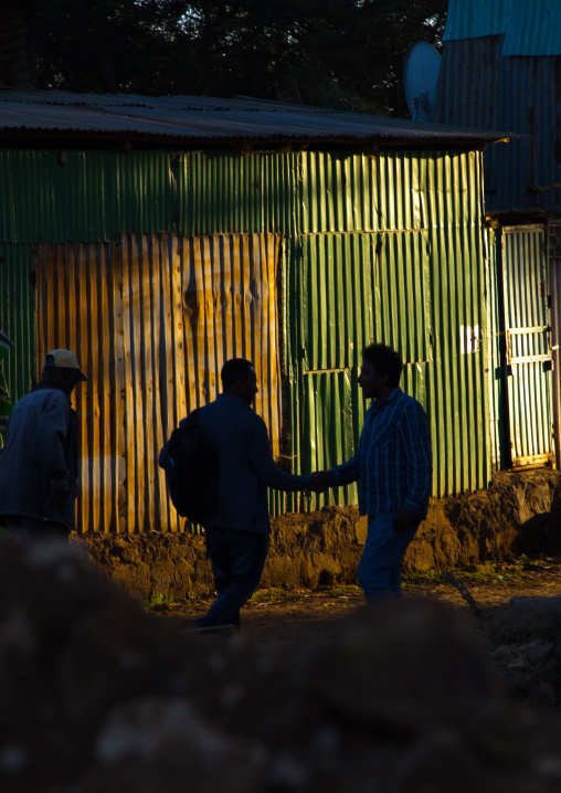 Silhouettes of two men shaking hands in the street, Addis Ababa Region, Addis Ababa, Ethiopia