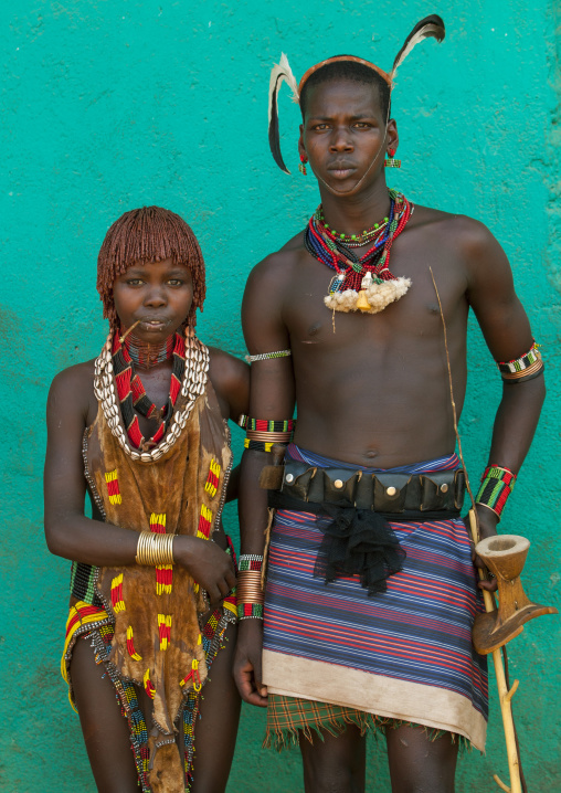 Maze Hamar Tribe Whipper And Girl, Turmi, Omo Valley, Ethiopia