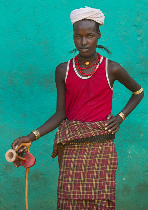 Colourful Erbore Tribe Man With Headrest And A Necklace Made Of Giraffe Hair, Turmi, Omo Valley, Ethiopia