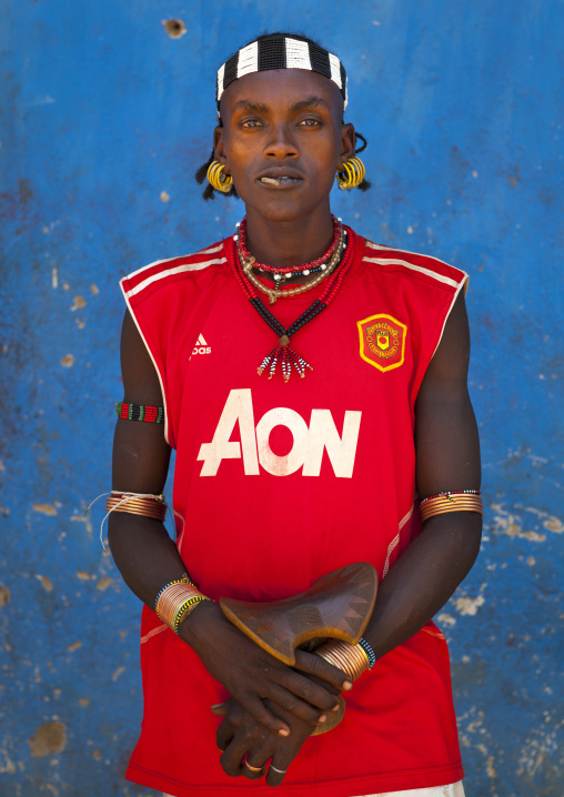 Hamer Tribe Man With A Manchester United  Football Shirt, Turmi, Omo Valley, Ethiopia
