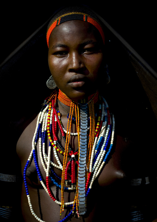 Portrait Of A Erbore Tribe Woman With Black Veil And Colourful Necklaces, Weito, Omo Valley, Ethiopia