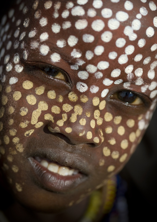Close Up Portrait Of Erbore Tribe Boy With Face Paint And Toothy Smile, Weito, Omo Valley, Ethiopia