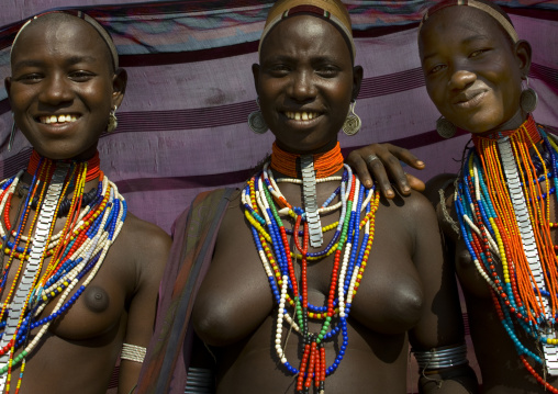 Erbore Tribe Women With Black Veil And Colourful Necklaces, Weito, Omo Valley, Ethiopia