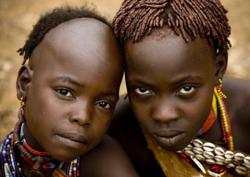 Hamar Tribe Kids With Traditional Necklace And Hairstyle, Turmi, Omo Valley, Ethiopia