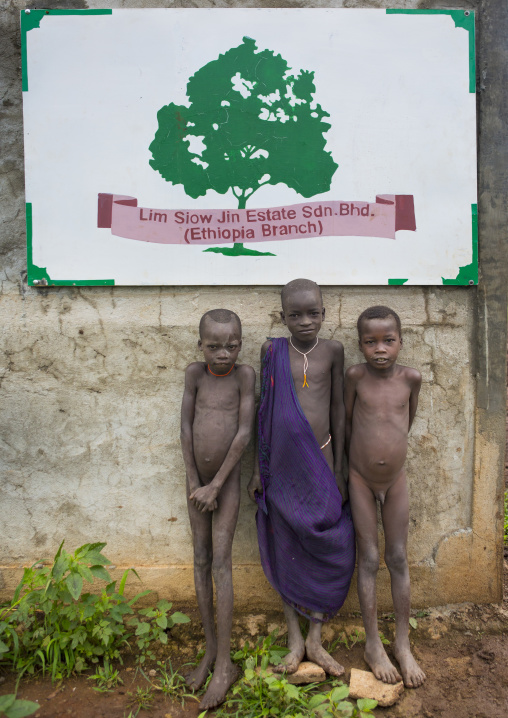 Suri kids at the entrance of a plantation, Koka, Omo valley, Ethiopia