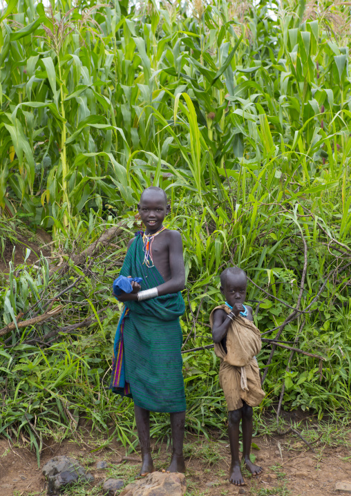 Suri children in a plantation, Koka, Omo valley, Ethiopia
