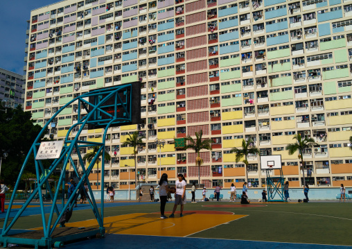Basketball court in Choi Hung rainbow building, Kowloon, Hong Kong, China