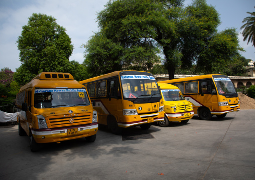 School buses parked, Rajasthan, Udaipur, India