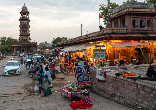 Shops along the ghanta ghar clock tower, Rajasthan, Jodhpur, India